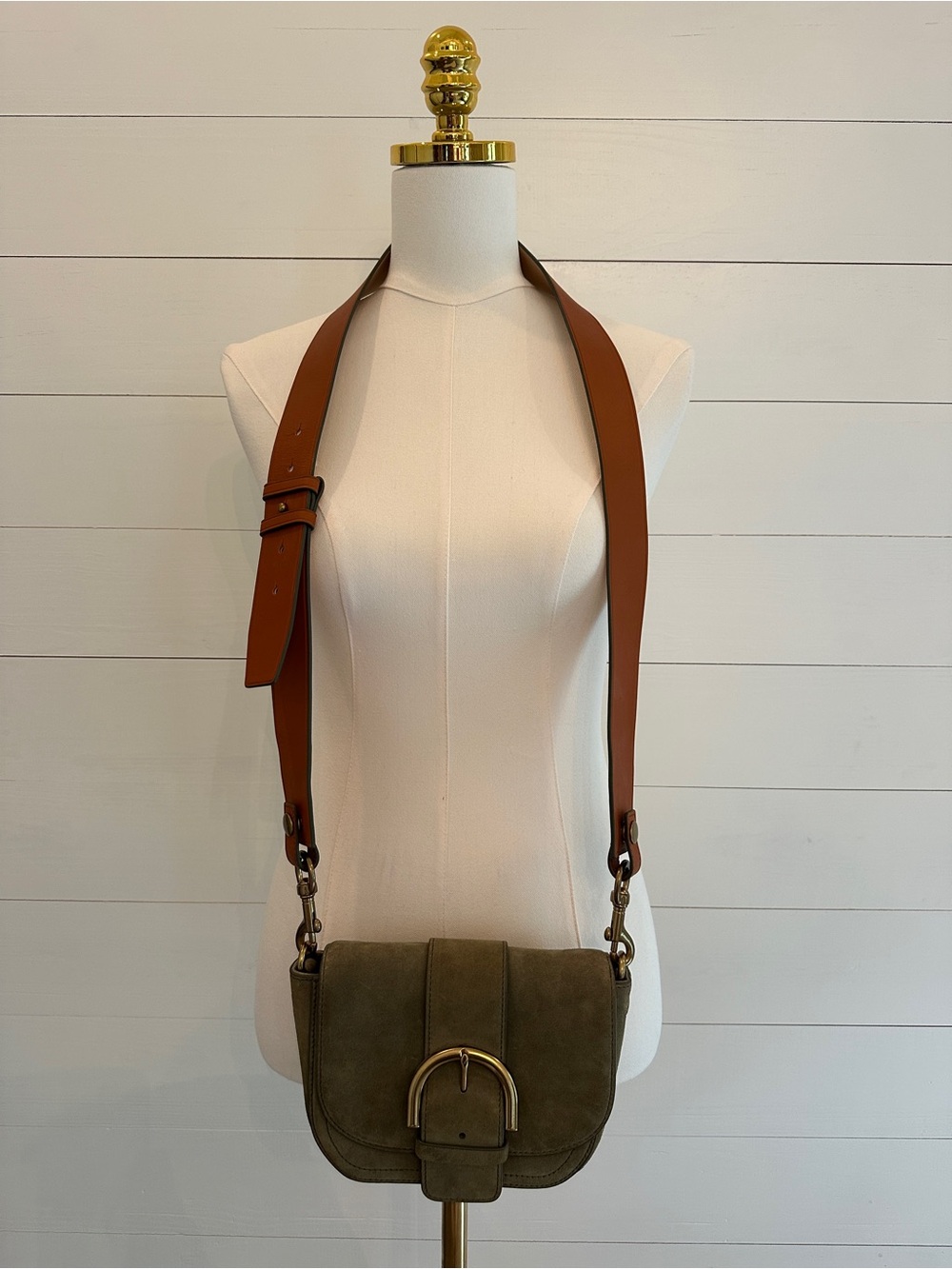Jcrew Olive Suede Crossbody Bag with Brown Strap